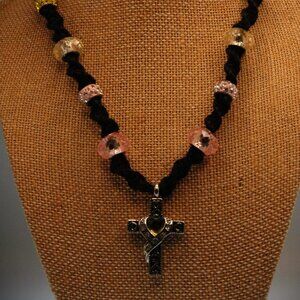 Silver Tone Cross with a Heart Rhinestone on Handmade Black Hemp Choker 16 1/4"